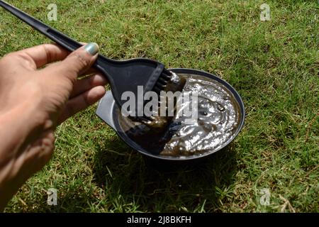 Weibliche Anwendung Henna oder Mehendi Kräuterfärbemittel Paste aus Henna Pulver und andere Kräuter und gut gemischt dann auf das Haar aufgetragen Farbe Haar und Haar Stockfoto