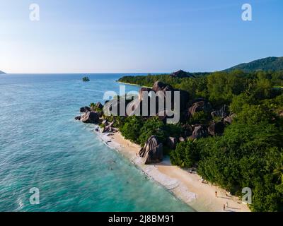 Anse Volbert Praslin Insel auf den Seychellen Luftaufnahme auf anse volvert cota d'Or Strand auf der Praslin Insel auf den Seychellen Stockfoto