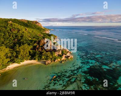 Anse Volbert Praslin Insel auf den Seychellen Luftaufnahme auf anse volvert cota d'Or Strand auf der Praslin Insel auf den Seychellen Stockfoto