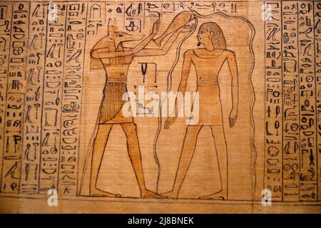 (220515) -- KAIRO, 15. Mai 2022 (Xinhua) -- das Foto vom 14. Mai 2022 zeigt ein von gott Anubis gemaltes Papyrus-Gemälde im Ägyptischen Museum in Kairo, Ägypten. Als Begräbnisgottheit wird Anubis mit Mumifizierung, Begräbnisritualen und dem Friedhof im altägyptischen Mythos assoziiert, der normalerweise als schwarzer Hund oder als Mann mit Hundekopf dargestellt wird. Es kann in einer großen Anzahl von pharaonischen Antiquitäten im weltbekannten Ägyptischen Museum gefunden werden. (Xinhua/Sui Xiankai) Stockfoto