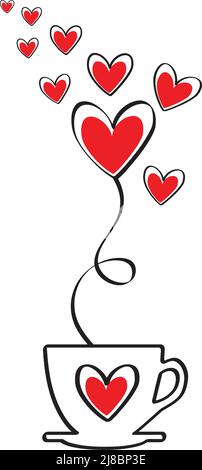 Tasse Kaffee mit roten Herzen Illustration isoliert auf weißem Hintergrund, Vektor Stock Vektor