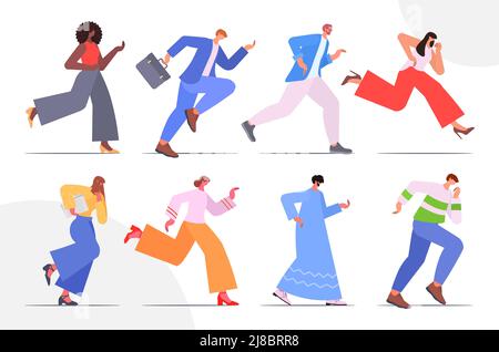 Setzen Sie Geschäftsleute laufen Wettbewerb Konzept männliche weibliche Büroangestellte Sammlung horizontal Stock Vektor