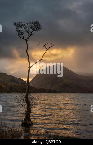 Atemberaubendes Landschaftsbild von Buttermere im Lake District bei Sonnenaufgang im Herbst mit dramatischem stürmischen Himmel Stockfoto