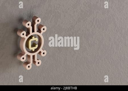 Schöne abstrakte Illustrationen Golden Blockchain Token Symbol-Symbole auf einem grauen Wandhintergrund. 3D Rendering-Illustration. Hintergrundmuster für des Stockfoto