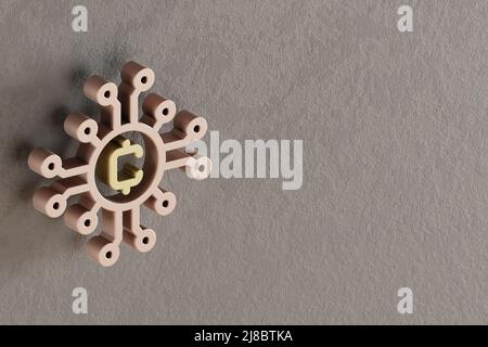 Schöne abstrakte Illustrationen Golden Blockchain Token Symbol-Symbole auf einem grauen Wandhintergrund. 3D Rendering-Illustration. Hintergrundmuster für des Stockfoto