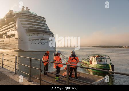 Cobh, Cork, Irland. 15.. Mai 2022. Festleernde Männer binden den Kreuzfahrtdampfer Jewel of the Seas an, nachdem sie am Tiefwasserkai in Cobh, Co. Cork, Irland, anlegte. -Credit; David Creedon / Alamy Live News Stockfoto