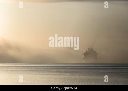 Cobh, Cork, Irland. 15.. Mai 2022. Der Kreuzfahrtdampfer Jewel of the Seas tritt aus dem Küstennebel auf, als sie sich Cobh, Co. Cork, Irland, nähert. - Credit; David Creedon / Alamy Live News Stockfoto