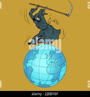 Der Tod mit einer Sense will den Planeten Erde zerstören. Krieg und weltweite Epidemie. Pop Art Retro Vektor Illustration 50s 60s Vintage Kitsch Stil Stock Vektor