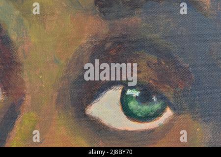 Detail eines Ölgemäldes auf Leinwand - Auge in Nahaufnahme Stockfoto