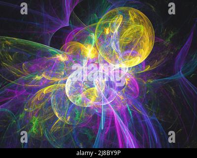 Abstrakter fraktaler Kunsthintergrund, suggestiv an Astronomie und Nebel. Computergenerierter fraktaler Illustrationskunstnebel in Multicoloren. Stockfoto