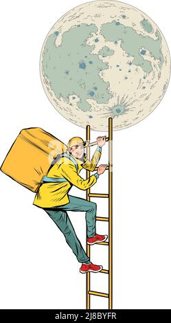 Food Delivery Kurier, Arbeiter steigt Treppen zum Mond. City Service. Pop Art retro Vektor Illustration Comic Karikatur 50s 60s Stil vintage Kitsch Stock Vektor