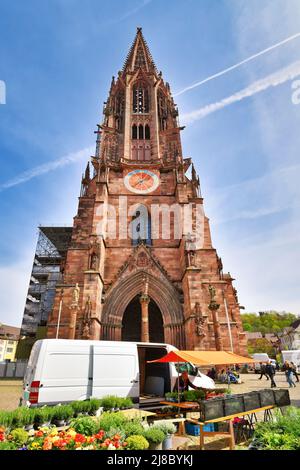 Freiburg, Deutschland - April 2022: Freiburger Münster mit Tagesmarkt im Stadtzentrum Stockfoto