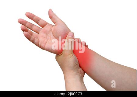 Ein Mann wickelte sich wegen Schmerzen am Handgelenk um sein Handgelenk. Ursachen für rheumatoide Arthritis, Karpaltunnelsyndrom, Gicht. Gesundheitsfürsorge und medizinisches Konzept. Stockfoto