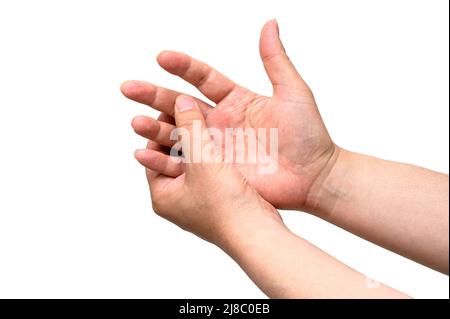 Hände von Männern, die an Gelenkschmerzen leiden. Ursachen für rheumatoide Arthritis, Gicht. Gesundheitsfürsorge und medizinisches Konzept. Stockfoto