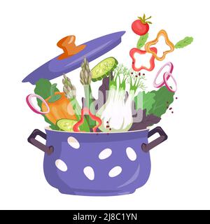 Gemüse Kochen in der Küche Topf. Suppentopf mit Kochernahrung, flacher Vektor. Stock Vektor