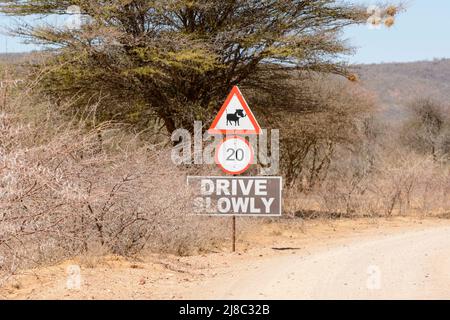 Ein Straßenschild warnt Fahrer vor Warzenschweinen zu hüten und langsam zu fahren, Namibia, Südwestafrika Stockfoto