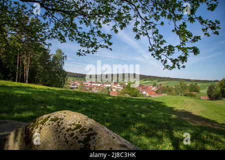 Erlebnisweg Heinrichs, ein Wanderweg im Waldgebiet - Blick nach Heinrichs Stockfoto