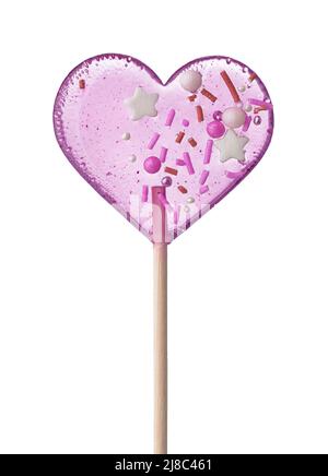 Vorderansicht von rosa transparenten herzförmigen Lollipop mit Streuseln isoliert auf einem weißen Stockfoto