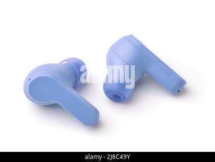 Ein Paar blaue, schnurlose Ohrhörer, isoliert auf Weiß Stockfoto
