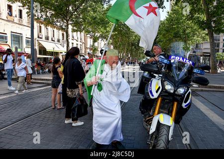 Ein Protestler hält während der Demonstration eine algerische Flagge. Hunderte Mitglieder der algerischen Diaspora marschieren in Marseille gegen die Militärdiktatur in ihrem Land. (Foto von Gerard Bottino / SOPA Images/Sipa USA) Stockfoto