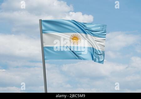 Argentinische Nationalflagge winkt im Wind. Abbildung Himmel Hintergrund 3D Stockfoto