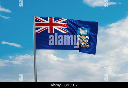 Die Nationalflagge der Falklandinseln winkt im Wind. Abbildung Himmel Hintergrund 3D Stockfoto