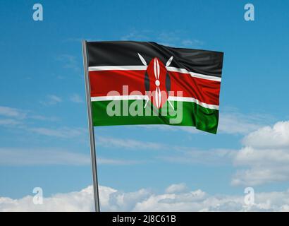 Die Nationalflagge Kenias winkt im Wind. Abbildung Himmel Hintergrund 3D Stockfoto