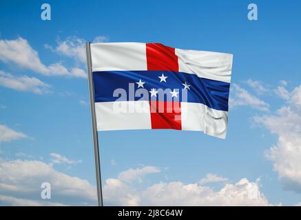 Die Nationalflagge der Niederländischen Antillen winkt im Wind. Abbildung Himmel Hintergrund 3D Stockfoto