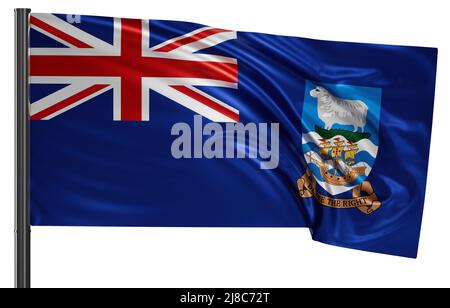 Die Nationalflagge der Falklandinseln winkt im Wind. Isoliert auf weißem Hintergrund 3D Abbildung Stockfoto