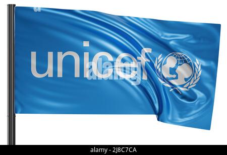 UNICEF United Nations International Children's Emergency Fund – Nationalflagge winkt im Wind. Isoliert auf weißem Hintergrund 3D Abbildung Stockfoto