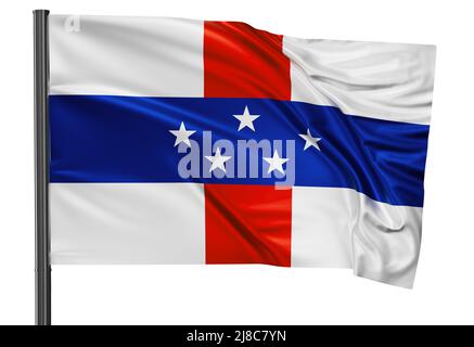 Die Nationalflagge der Niederländischen Antillen winkt im Wind. Isoliert auf weißem Hintergrund 3D Abbildung Stockfoto