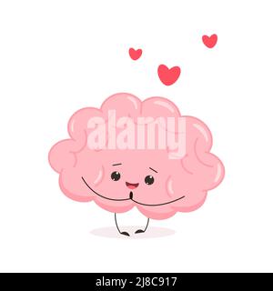 Nettes Gehirn in der Liebe. Lustige kawaii menschlichen Gehirn Charakter. Flacher Cartoon-Stil. Vektorgrafik Stock Vektor