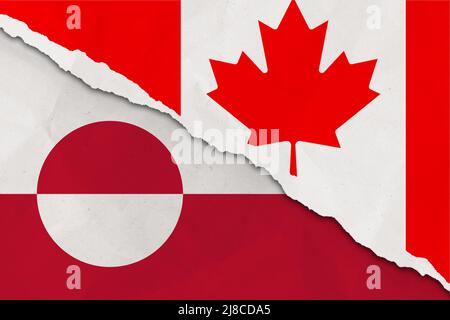 Kanada und Grönland Flagge gerissen Papier Grunge Hintergrund. Abstract Kanada und Grönland Wirtschaft, Politik Konflikte Konzept Textur Hintergrund Stockfoto
