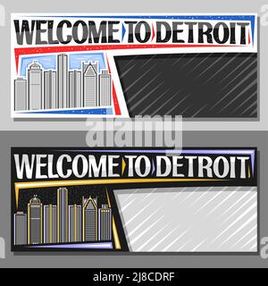 Vektor-Layouts für Detroit mit Kopierfläche, dekorativer Gutschein mit Illustration der amerikanischen detroit-Stadtlandschaft am Tag- und Abendhimmel, Art de Stock Vektor