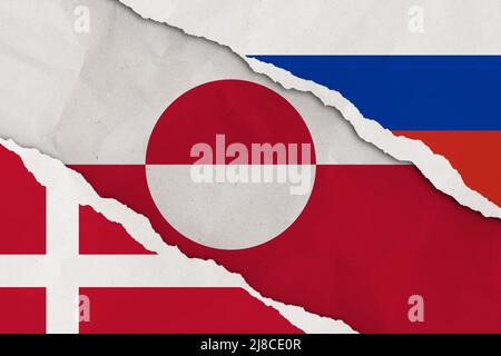 Dänemark, Russland und Grönland Flagge gerissen Papier Grunge Hintergrund. Wirtschaft, Politik Konflikte Konzept Textur Hintergrund Stockfoto