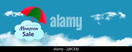 Monsun Sale Offer Banner Template Header mit realistischen Wolken und farbenfrohem Regenschirm auf blauem Hintergrund. Stock Vektor