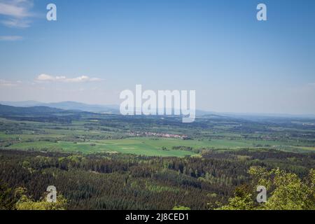 Erlebnisweg Heinrichs, ein Wanderweg im Waldgebiet - am Mandelstein Stockfoto