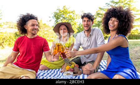 Sommerferien Picknick im Freien. Multirassische Gruppe von Freunden, die Essen und Bier trinken, die auf einer Decke in einem Parkgarten liegen. Menschen Happy Hour en Stockfoto
