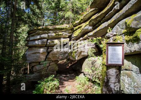 Erlebnisweg Heinrichs, ein Wanderweg im Waldgebiet - am Mandelstein Stockfoto