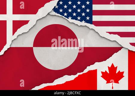 USA, Dänemark und Kanada Flagge gerissen Papier Grunge Hintergrund. Wirtschaft, Politik Konflikte Konzept Textur Hintergrund Stockfoto