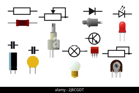 Satz der Funkkomponente. Funkelektronik. Widerstand, Transistor, Diode und Kondensator. Symbolische Bezeichnung. Isoliert auf weißem Hintergrund. Vecto Stock Vektor