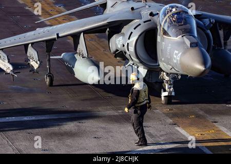 Ein Seemann der US-Marine bereitet ein Marine Corps AV-8B Harrier vor, das an die Tiger of Marine Attack Squadron 542 angeschlossen ist, um vom Flugdeck des amphibischen Sturmschiffs USS Bataan der Wasp-Klasse am 3. November 2019 auf dem Atlantischen Ozean zu starten. Stockfoto