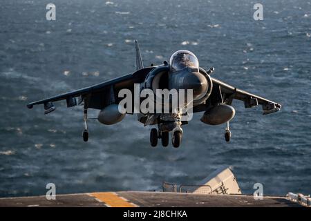 Ein U.S. Marine Corps AV-8B Harrier, der an das Schwarze Schaf der Marine Attack Squadron 214 befestigt ist, führt eine vertikale Landung auf dem Flugdeck des amphibischen Sturmschiffs USS Essex der Wasp-Klasse durch, das am 4. Dezember 2021 auf dem Arabischen Golf eingesetzt wird. Stockfoto