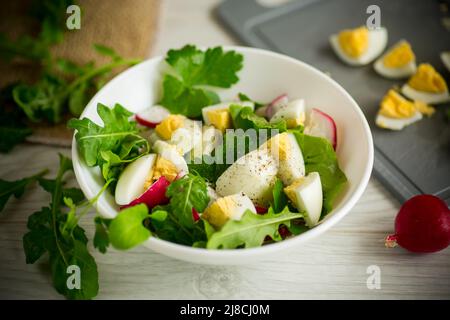 Frischer Frühlingssalat mit frischen Salatblättern, Radieschen, gekochten Eiern in einer Schüssel Stockfoto