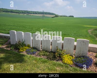 Das Bild zeigt den britischen Friedhof Marfaux aus dem 1. Weltkrieg in der Nähe von Marfaux. Der Friedhof ist von Soldaten, die bei der Marne-Offensive vom Juli 1918 ums Leben kamen Stockfoto