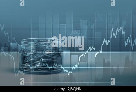 Inflation, Steuern, Cashflow und ein weiteres Finanzkonzept. Schwerpunkt auf sinkenden Geldwerten nach dem Aufkommen. Hintergrund der Grafik der steigenden Inflation Stockfoto