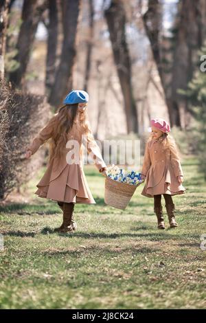 Zwei Mädchen Schwestern Kinder geht durch den Wald im Frühjahr und sammelt die ersten Frühlingsblumen in Korb . Stockfoto