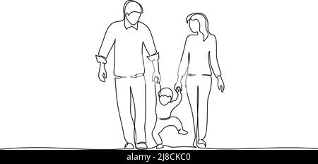 Fortlaufende einzeilige Zeichnung. Familie hält Hand mit kleinen Kind-Design Silhouette. Handgezeichnete Vektorgrafik im Minimalismus-Stil Stock Vektor