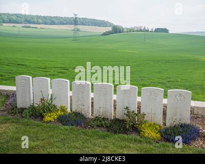 Das Bild zeigt den britischen Friedhof Marfaux aus dem 1. Weltkrieg in der Nähe von Marfaux. Der Friedhof ist von Soldaten, die bei der Marne-Offensive vom Juli 1918 ums Leben kamen Stockfoto
