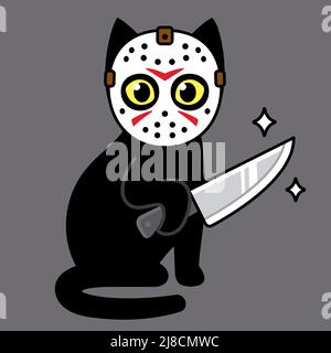 Lustige Freitag 13 Karikatur Zeichnung, nette schwarze Katze in Serie Killer Maske hält ein Messer. Horror Humor Vektor Illustration. Stock Vektor